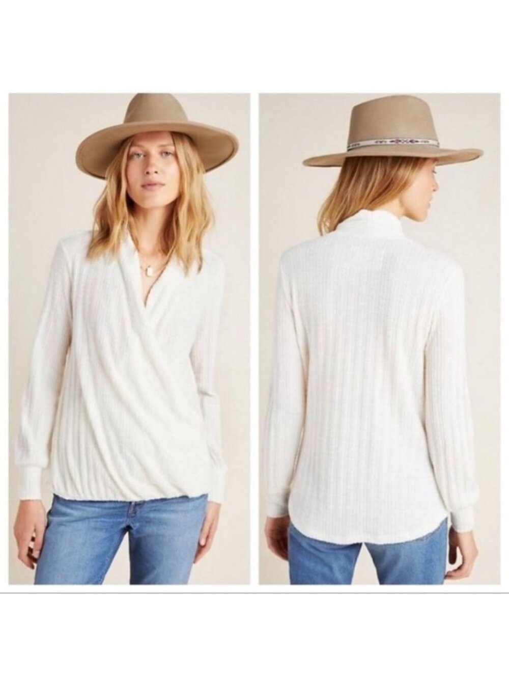 Maeve by Anthropologie Ivory Surplice Wrap Front Sweater, M Petite